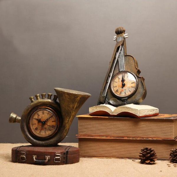 

desk & table clocks european retro musical instrument bracket clock creative resin crafts violin horn model home decorations
