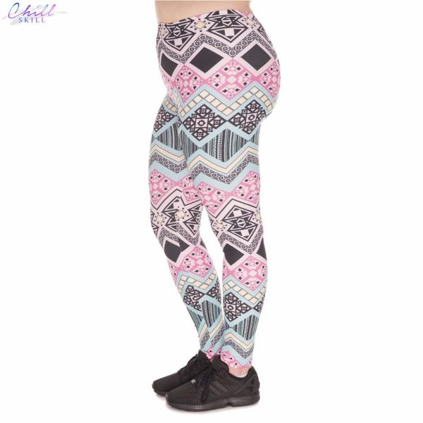 

women's leggings chill skill plus large size women aztec printed leggins stretch trousers pants for plump, Black