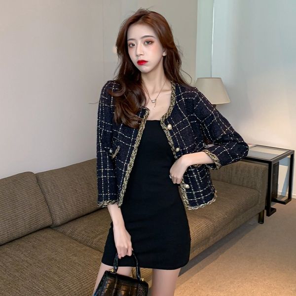 

women's fur & faux french retro navy blue plaid short small fragrance jacket tweed cardigan temperament blouse female, Black