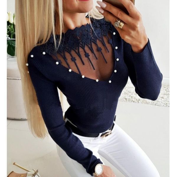 

women knitted t shirt long sleeve mesh patchwork gray black tee slim fit t-shirts womens fashion top, White