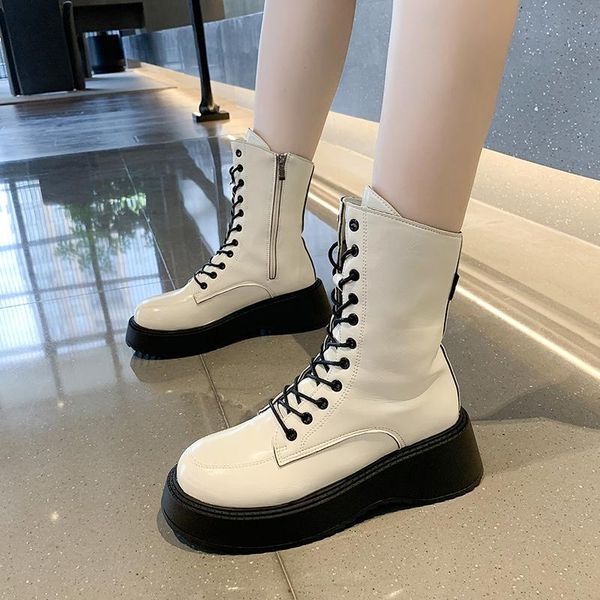

boots women motorcycle flat shoes woman platform non-slip lace up side zipper black mid boot walking