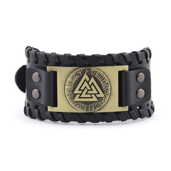 

bangle vintage viking triangle symbol leather bracelet men's personality punk amulet jewelry, Black