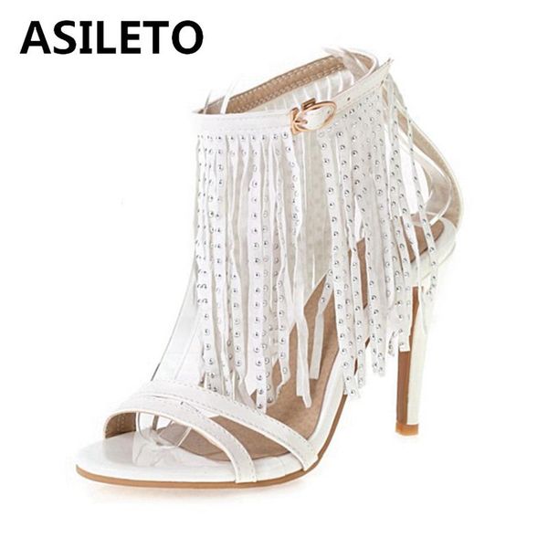 

sandals asileto 2021 ladies peep toe  thin heels buckle nubuck faux pig leather tassels stylish cool big size 50 a3466, Black
