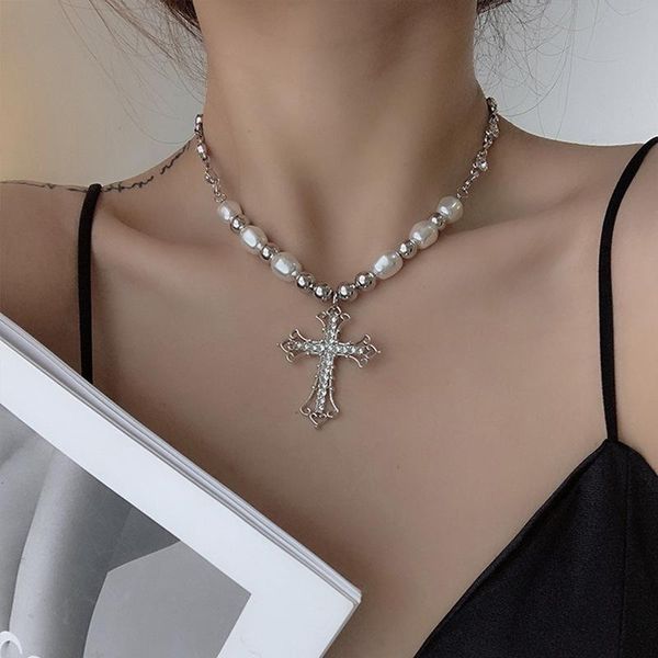 

chains ins european hip-hop retro punk simple silver color rhinestone cross pendant imitated-pearl clavicle chain necklace for women