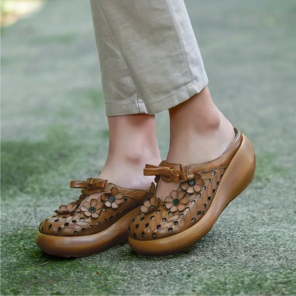 

slippers vallu 2021 handmade leather women's shoes ethnic retro thick bottom sponge cake first layer cowhide, Black