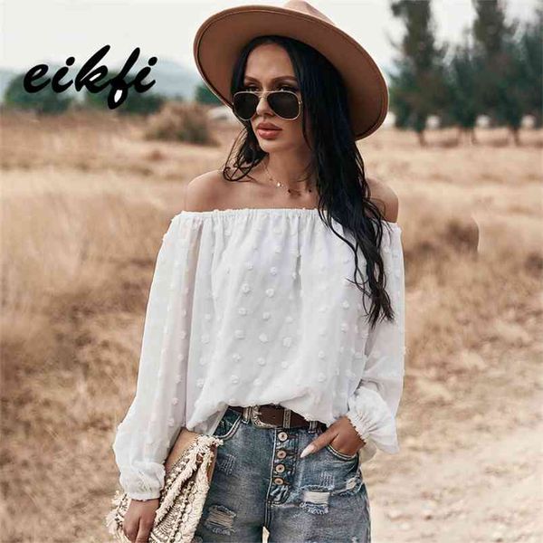 

eikfi white swiss dot long sleeve solid blouse women spring summer office lady off shoulder elegant loose pink blouses and 210730
