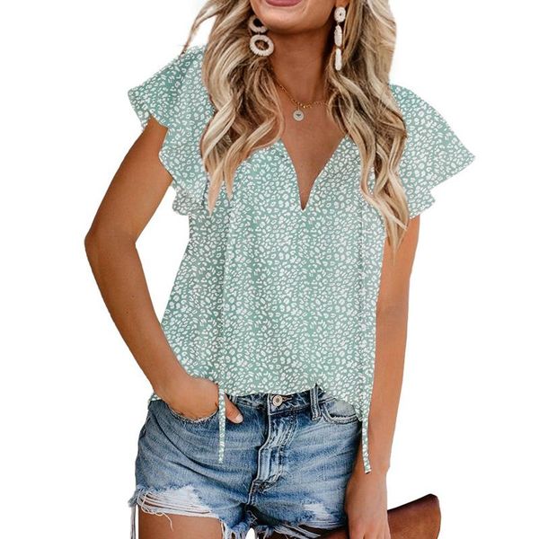 

women's t-shirt uclio printed lotus leaf sleeve v-neck floral top, White