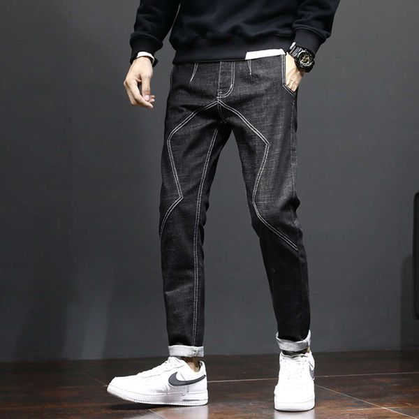 

autumn and winter brand black harlan jeans loose straight men's fashion personality splicing casual pants, Blue
