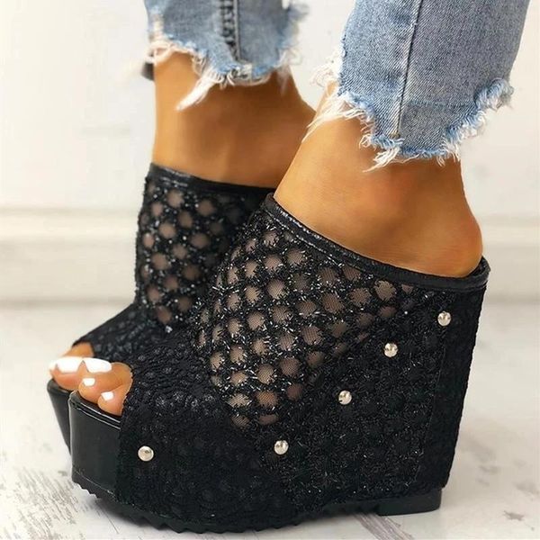 

summer women mesh sandals platform wedge heel metal studed slip on peep toe rubber sole elegant mature ladies shoes female 2021, Black
