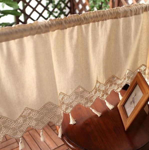 

rustic cotton short kitchen curtain with crochet lace tassel 30x150cm decoration crochet curtain