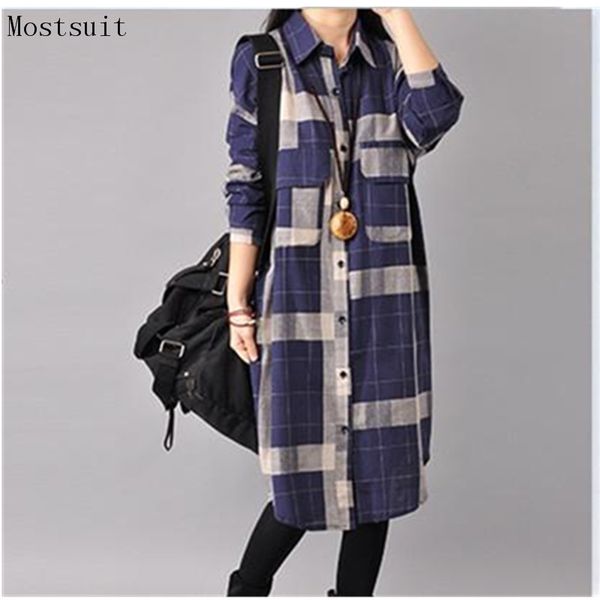 

autumn winter women plaid cotton linen long shirt blouses casual korean long sleeve loose ladies shirt blusa feminina t200321, White