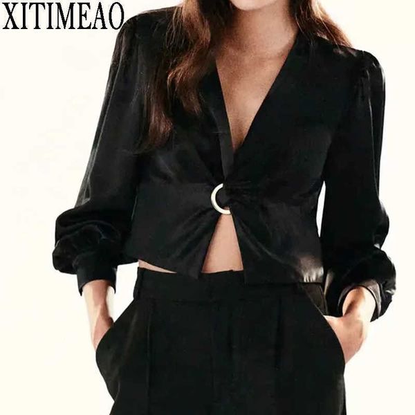 

za spring v-neck cross kink shirt long sleeve women bottoming female high waist short xitimeao 210604, White