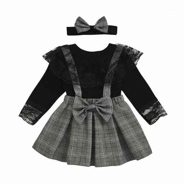 

clothing sets 2021 girl baby black lace t-shirt+plaid suspenders skirt+hair band fashion 3pcs outfits suit clothes e217031, White