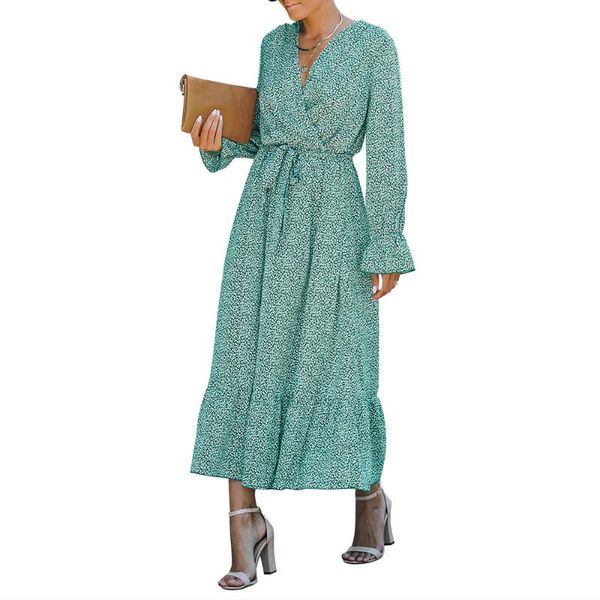 

casual dresses women floral ruffled chiffon elegant long petal sleeve maxi dress fashion chic vintage v-neck vestidos, Black;gray