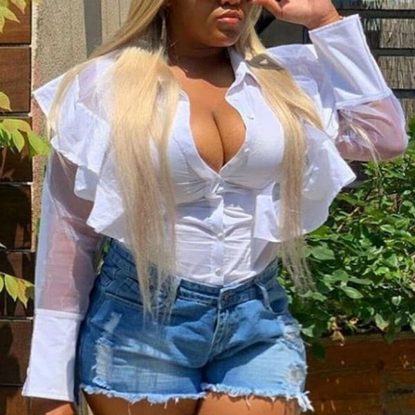 

women shirt white sheer tee casual ruffle shirts mesh sleeve blouse slim fit shirt womens shirts 2021 solid color blouse
