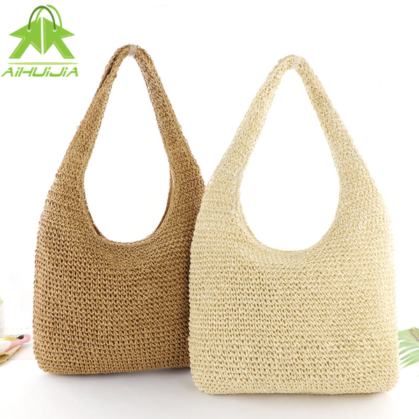 

summer straw beach bag vintage handmade woven shoulder bag solid color rattan bags bohemian summer vacation casual travel bag