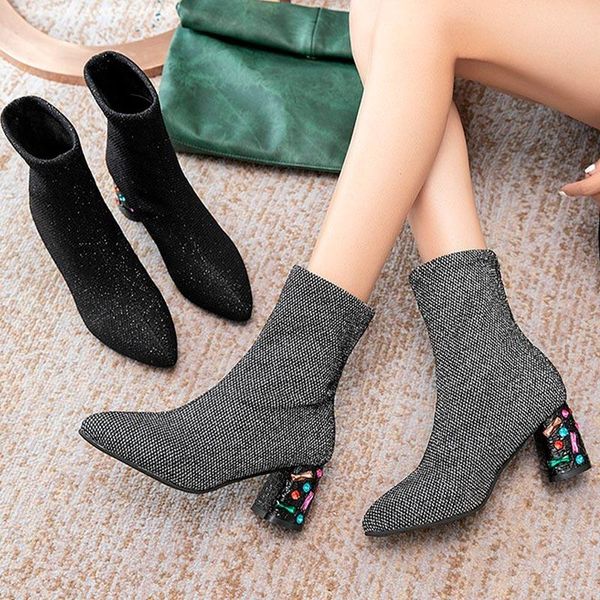 

boots women ankle bling silver black fashion 2021 pointed toe sequined cloth elegant low heels flock weeding party females shoes