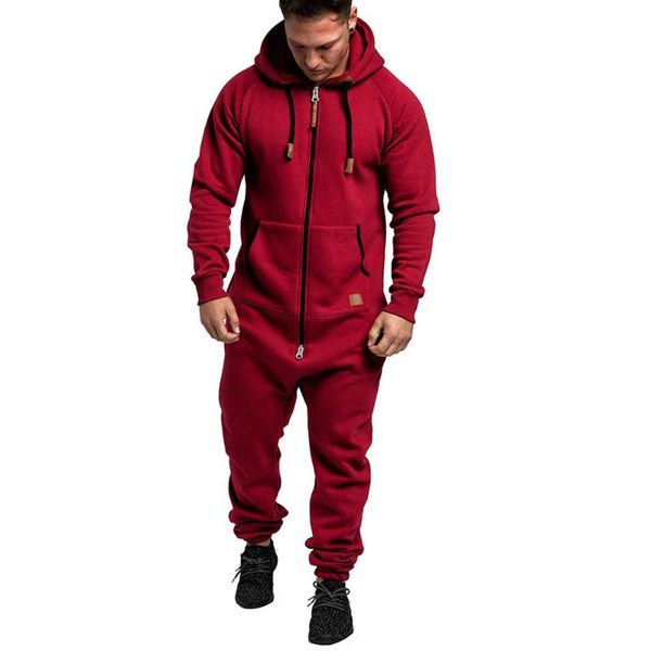 

men's hoodies & sweatshirts fashion men jumpsuits autumn winter hooded fleece jumpsuit solid color matching casual suit zipper pocket m, Black