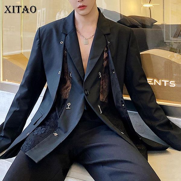 

xitao vintage lace metal blazer full sleeve pocket single breast black 2021 spring autumn casual style loose coat zy4155, White;black