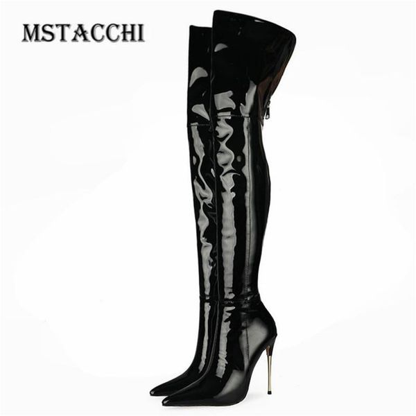 

boots women's elegant zipper-sid patent leather stiletto pointed toe hand-made black euramerican style winter thigh high shoes