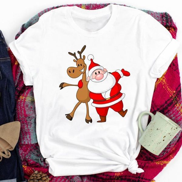 

santa claus deer cute tees for women lady 90s merry christmas cartoon winter print tshirt clothes graphic female t t-shirt, White
