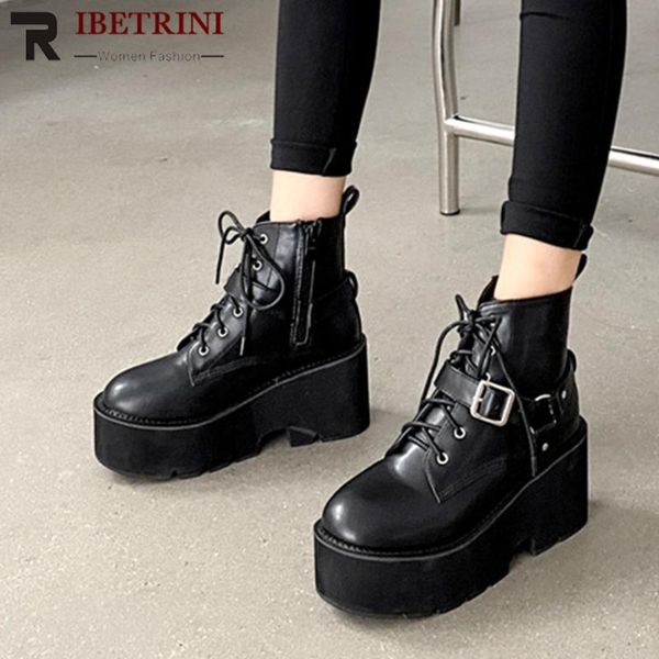 

boots female round toe high heel ankle platform wedges 2021 arrivasl goth lace up buckle shoes woman, Black