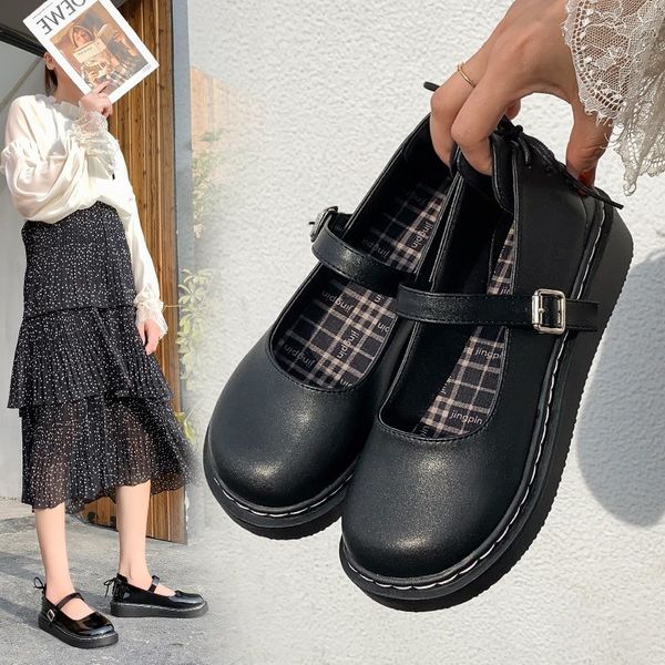 

Lolita Shoes Back Cross-tied Mary Janes Shoes Patent Leather Ladies Shoes Sewing Flat on Platform Casual Shoe Buckle Strap 8852N, Black2