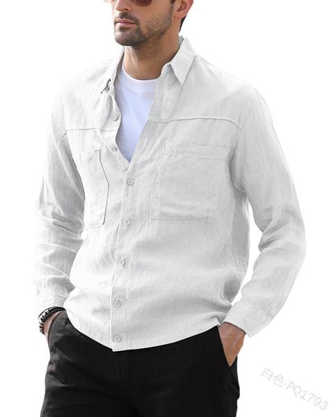 

men's casual shirts lugentolo men shirt single-breasted with lapel long-sleeved solid color pockets spring fall fashion, White;black