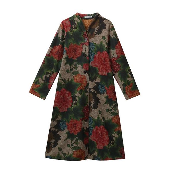 

women's wool & blends 2021 thicken fleece warn winter coats single breasted outwear long woolen coat print floral loose women female ca, Black
