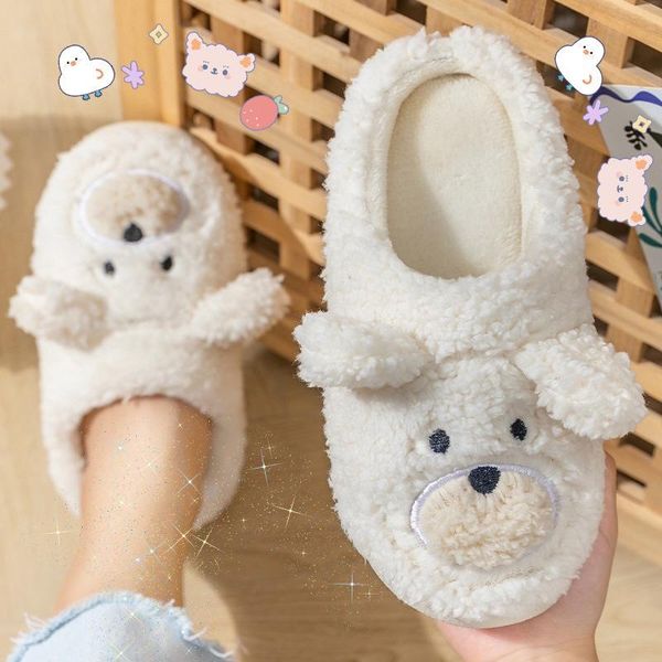 

slippers 2021 cartoon cute bear plush women indoor home slides autumn winter warm shoes flat fluffy fur furry cotton slipper men, Black