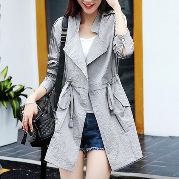 

women's trench coats coat fashion long-sleeved solid color 2021 autumn mid-length lace-up windbreaker stand-up collar slim sunscreen cl, Tan;black