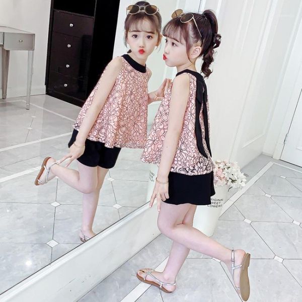 

clothing sets 3-12 year girls summer kids clothes bow lace hollow out suit children sleeveless outfits, White