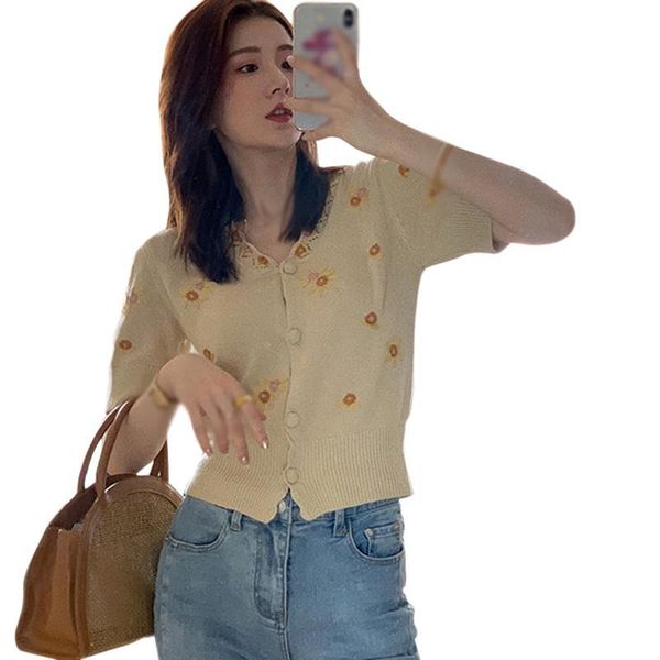 

women's t-shirt summer arrival retro sweet flowers casual wild v neck short sleeves slim fit knitted cardigan t shirt women, White
