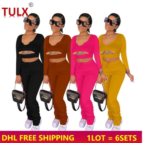 

women's two piece pants club outfits for women 2021 long sleeve set fall clothes hollow out crop stacked wholesale items 6236, White