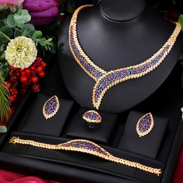 

earrings & necklace godki 2021 trend 4pcs luxury dubai bridal jewelry sets for women wedding party spring multicolor zircon crystal, Silver