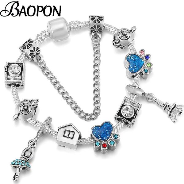 

charm bracelets cartoon style princess tower pendant for women child with silver plated camera house beads bracelet jewelry gift, Golden;silver