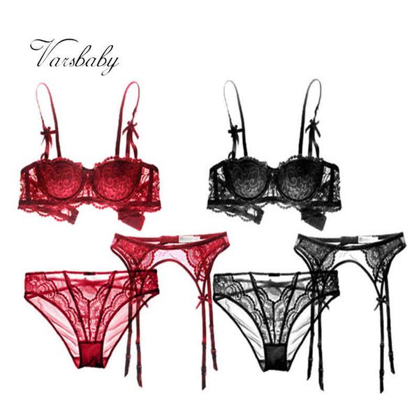 

varsbaby embroidery half cup lingerie bra and panty with garters 2 sets/lot, Red;black