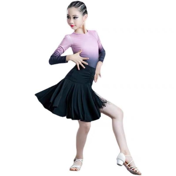 

stage wear girls latin dance dress practice clothes competition performance tassel skirt 2021 autumn winter dancing, Black;red