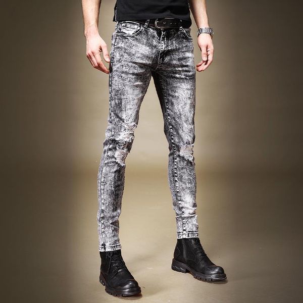 

men's jeans european style summer slim feet pants korean version of the trend ripped gray washed trousers, Blue