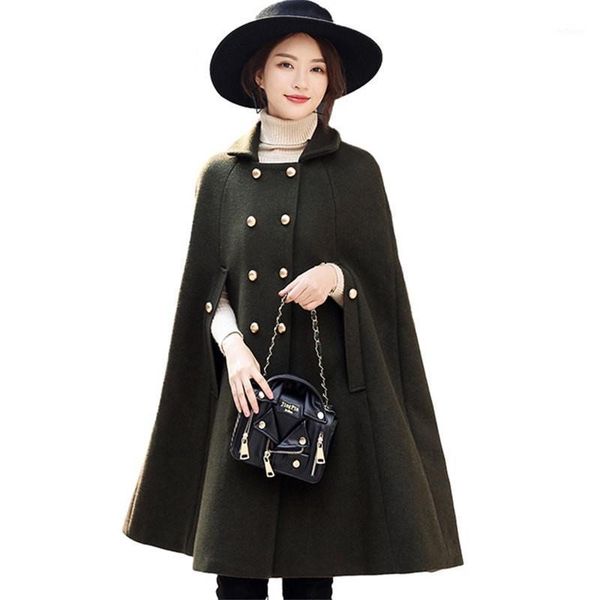 

women's wool & blends overcoat woolen cloak jacket women 2021 autumn winter plus size bat type cashmere long cape poncho coat female ou, Black