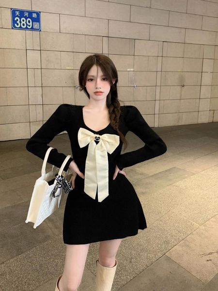 

casual dresses bow long sleeve knitted dress women's spring and autumn 2021 gentle waist closing, thin chic a-line, Black;gray