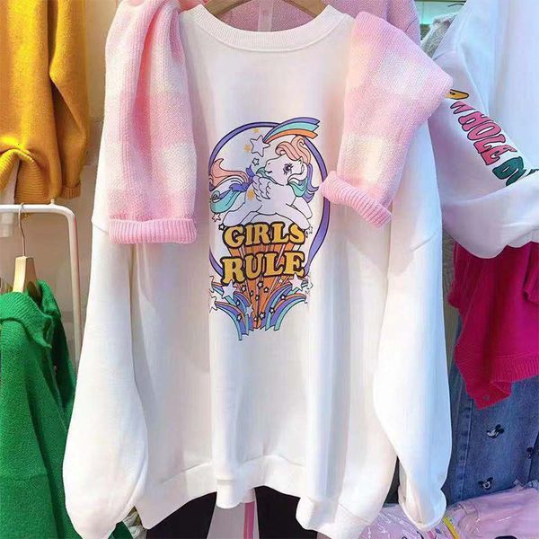 

2021 cartoon letter print kawaii girls drop-shoulder sweatshirts women pullovers autumn new long sleeve loose oversize solid me8e, Black