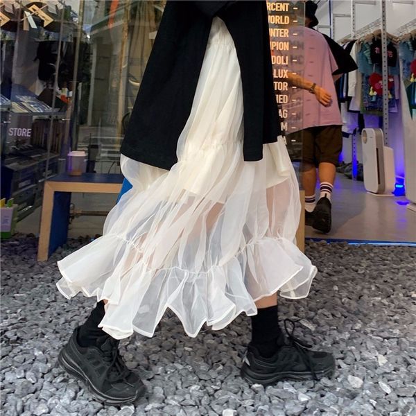 

2021 new solid sweet ruffled mesh patchwork casual a-line woman skirts x2g1, Black