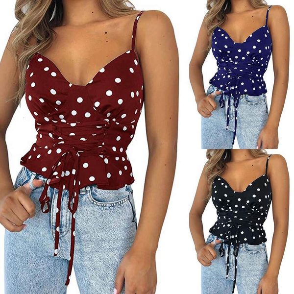 

30 dot printing women summer for women sleeveless camisole sleeveless v neck lace up tank top, White