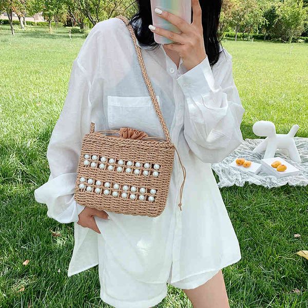 

new handbags pearl grass woven 2021 fashion women's portable small square bag beach shoulder factory direct sale
