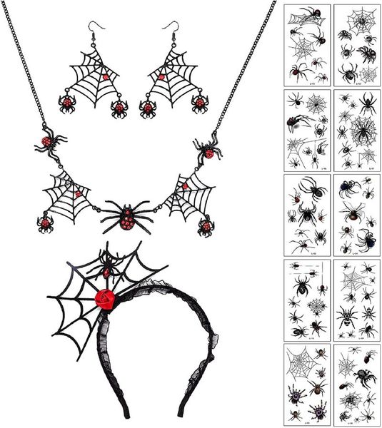 

pendant necklaces halloween spider necklace earring set for women black web choker cosplay dangle hair hoop tattoos costume, Silver