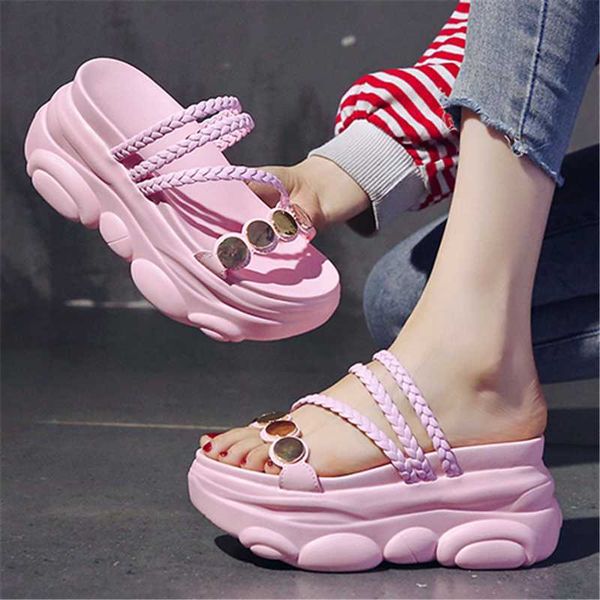 

slippers 2021 summer women thick bottom open toe 10cm wedges high heels outside soft and comfortable platform sandals, Black