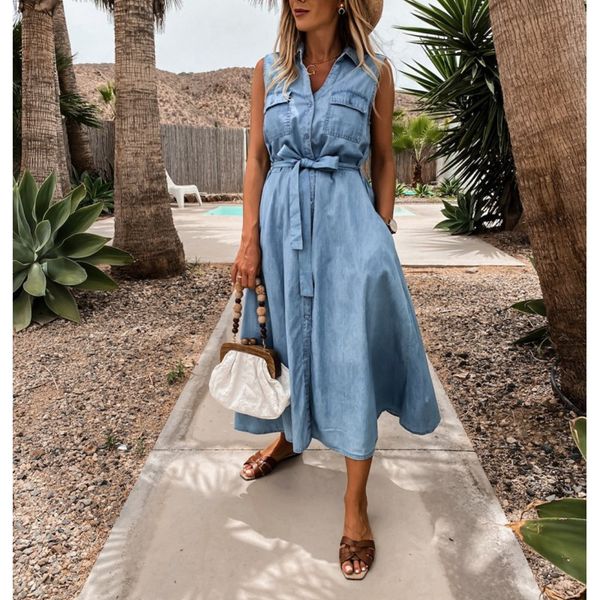 

2021 new solid casual a-line denim autumn women fashion sleeveless maxi jeans ladies elegant long es with belt mmrl, Black;gray