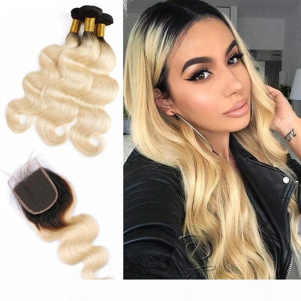 

brazilian virgin hair extensions 3 bundles with 4x4 lace closure with baby hair body wave 1b 613 ombre human hair 4 pieces one lot, Black;brown