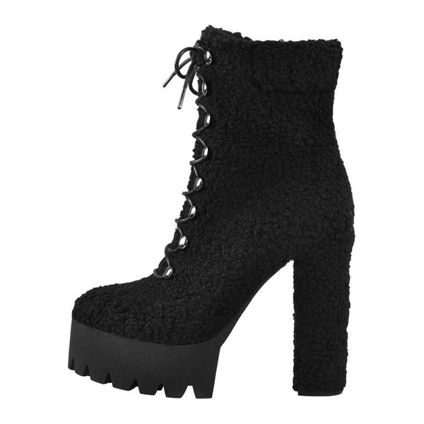 

boots richealnana winter women's lamb wool ankle platform lace-up side zipper female chunky thick high heels ladies shoesblack, Black